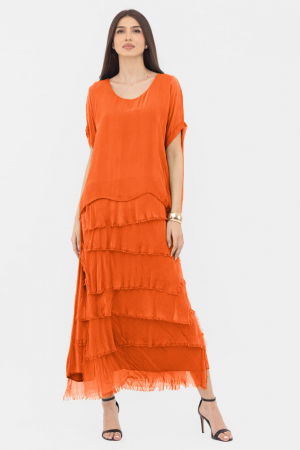 Rochie portocalie din matase si vascoza cu  volane franjurate suprapuse [1]