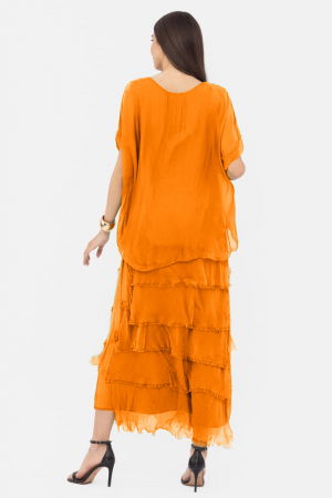 Rochie portocaliu deschis din matase si vascoza cu  volane franjurate suprapuse [2]