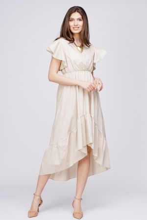 Rochie bej cu bust petrecut si volan la maneci, din poplin [1]