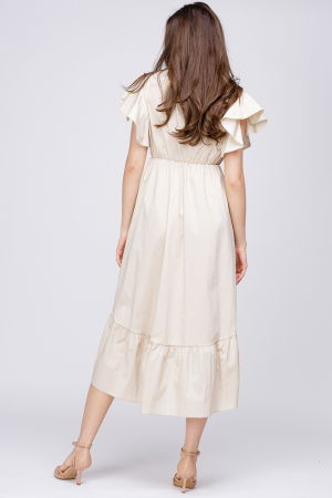 Rochie bej cu bust petrecut si volan la maneci, din poplin [2]