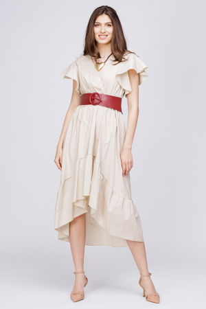 Rochie bej cu bust petrecut si volan la maneci, din poplin [3]