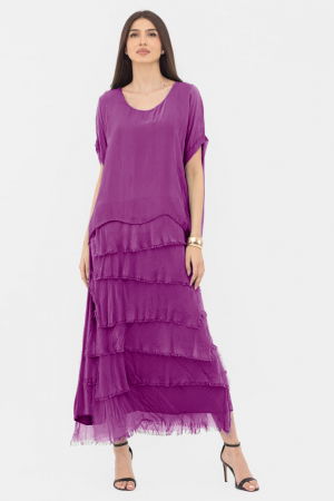 Rochie magenta din matase si vascoza cu  volane franjurate suprapuse [2]