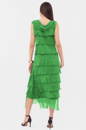 Rochie verde din matase si vascoza cu  volane franjurate suprapuse, fara maneci [2]