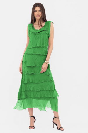 Rochii Elegante & Office - Rochie verde din matase si vascoza cu  volane franjurate suprapuse, fara maneci