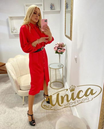 Rochie rosu-satinat, tip camasa, eleganta, cu nasturi aurii [1]