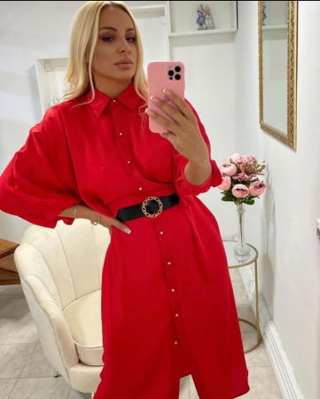 Rochii Elegante & Office - Rochie rosu-satinat, tip camasa, eleganta, cu nasturi aurii