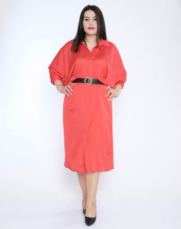 Rochie rosu-satinat, tip camasa, eleganta, cu nasturi aurii [3]