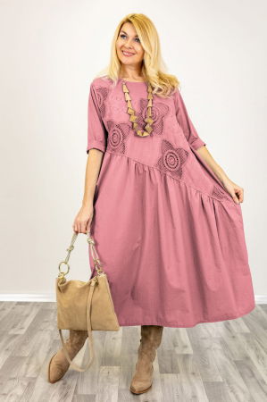 Rochie roz prafuit cu taietura oblica si broderie, din poplin si jerseu, oversize [1]