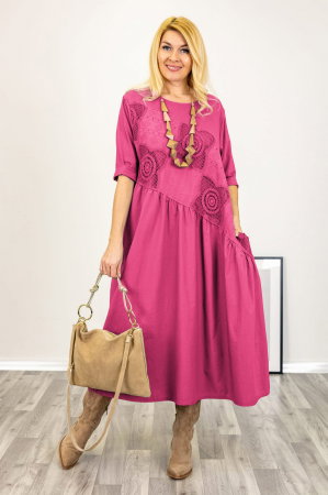 Rochii Casual - Rochie fucsia cu taietura oblica si broderie, din poplin si jerseu, oversize