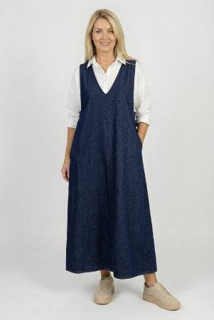 Pantaloni Plus Size - Rochie sarafan lunga, masura mare, cu decolteu in V din denim