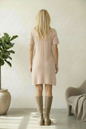 Rochie scurta A-line tricotata, cu maneca scurta si nasture decorativ, bej [1]