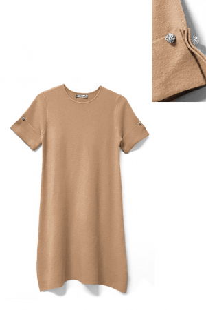 Rochie scurta A-line tricotata, cu maneca scurta si nasture decorativ, camel [2]