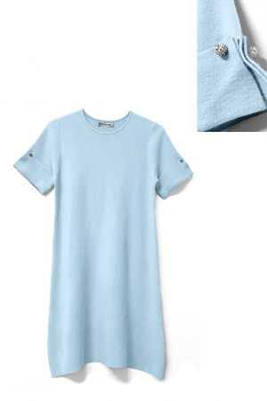 Rochie scurta A-line tricotata, cu maneca scurta si nasture decorativ, bleu [2]