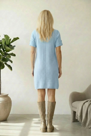 Rochie scurta A-line tricotata, cu maneca scurta si nasture decorativ, bleu [1]