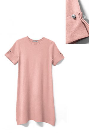 Rochie scurta A-line tricotata, cu maneca scurta si nasture decorativ, roz [3]