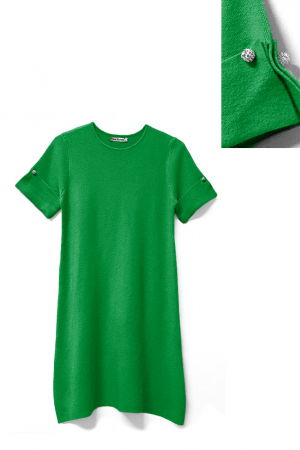 Rochie scurta A-line tricotata, cu maneca scurta si nasture decorativ, verde [2]