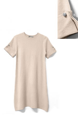 Rochie scurta A-line tricotata, cu maneca scurta si nasture decorativ, bej [2]