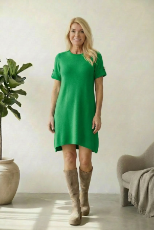 Rochii Casual - Rochie scurta A-line tricotata, cu maneca scurta si nasture decorativ, verde
