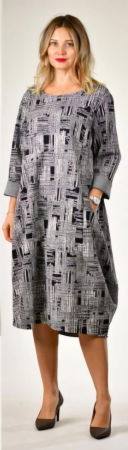 Rochie midi casual alb negru cu imprimeu artistic abstract si croi lejer [1]