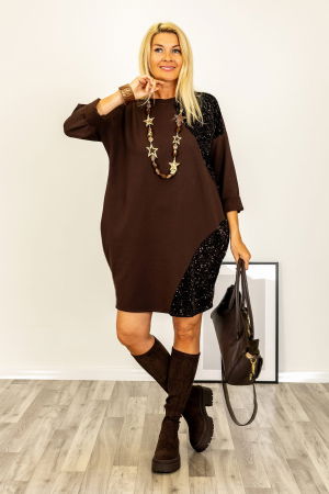 Rochii Casual - Rochie scurta cu paiete si croi lejer din tricot de bumbac, maro