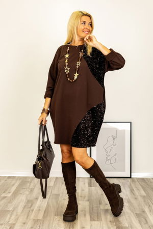 Rochie scurta cu paiete si croi lejer din tricot de bumbac, maro [3]