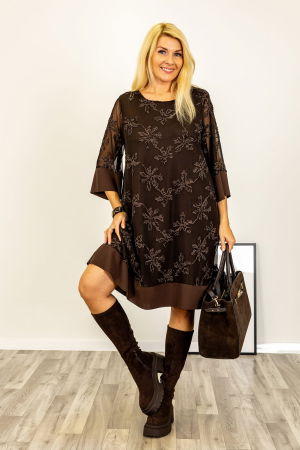 Imbracaminte noutati - Rochie scurta maro cu broderie eleganta si maneci transparente