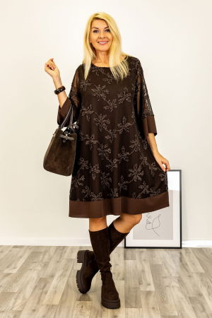 Rochie scurta maro cu broderie eleganta si maneci transparente [2]
