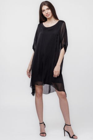 Rochii din Mătase si Vâscoză - Rochie midi, dreapta, din matase si vascoza, cu funda pe spate, neagra