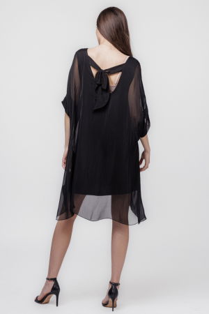 Rochie midi, dreapta, din matase si vascoza, cu funda pe spate, neagra [2]