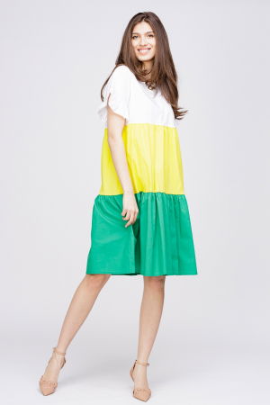 Rochie din poplin de bumbac cu trei volane colorate verde - galben - alb [1]