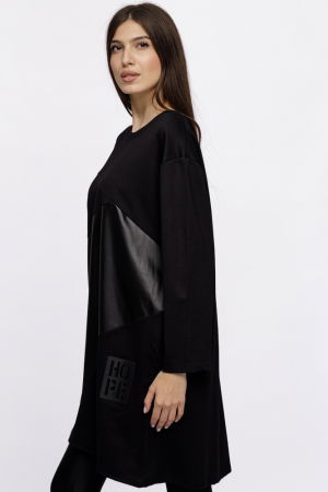 Rochie midi neagra, din tricot de vascoza cu piele ecologica și motiv "Hope" [2]