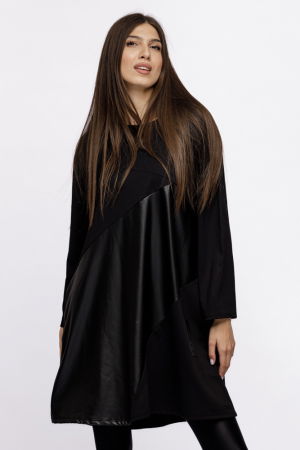 Rochie midi neagra, din tricot de vascoza cu piele ecologica și motiv "Hope" [1]