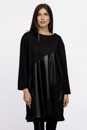 Rochii din Jerseu - Rochie midi neagra, din tricot de vascoza cu piele ecologica și motiv "Hope"