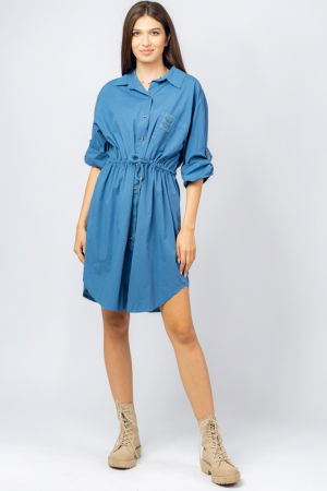 Rochii Casual - Rochie midi tip camasa, din poplin de bumbac, cu siret in talie, albastra