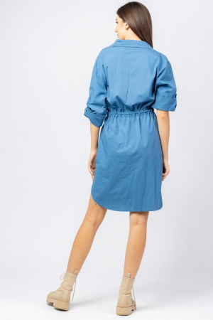 Rochie midi tip camasa, din poplin de bumbac, cu siret in talie, albastra [2]