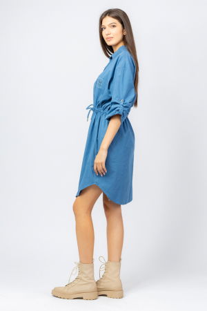 Rochie midi tip camasa, din poplin de bumbac, cu siret in talie, albastra [1]