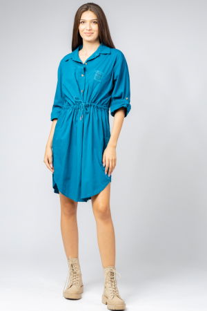 Rochii Casual - Rochie midi tip camasa, din polin de bumbac, cu siret in talie, turcoaz