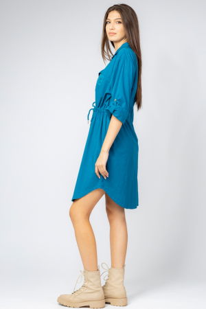 Rochie midi tip camasa, din polin de bumbac, cu siret in talie, turcoaz [2]