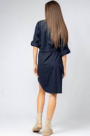 Rochie midi tip camasa, din poplin de bumbac, cu siret in talie, bleumarin [2]
