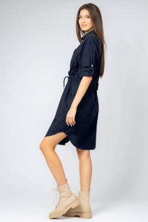 Rochie midi tip camasa, din poplin de bumbac, cu siret in talie, bleumarin [1]