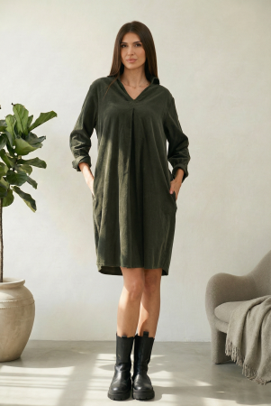 Rochii din Bumbac - Rochie scurta tip camasa din catifea reiata verde, kaki