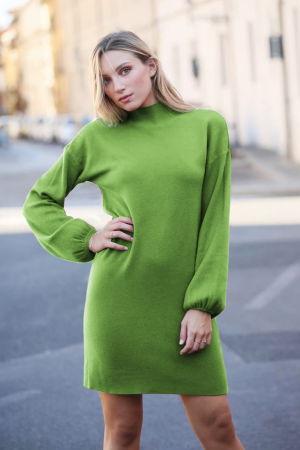 Rochii din Jerseu - Rochie scurta tricotata cu maneca bufanta, verde olive