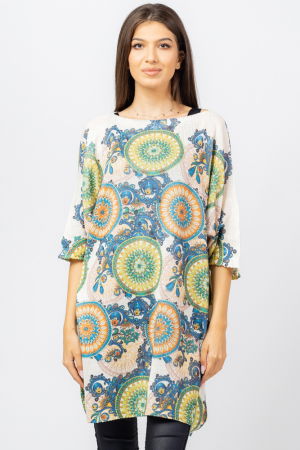 Rochii Tricotate & Sezon Rece - Rochie scurta tricotata cu maneca fluture si imprimeu mandale