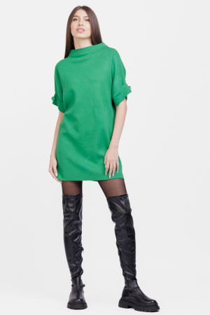 Rochii Casual - Rochie scurta tricotata, cu maneca scurta si nasture, din vascoza, verde