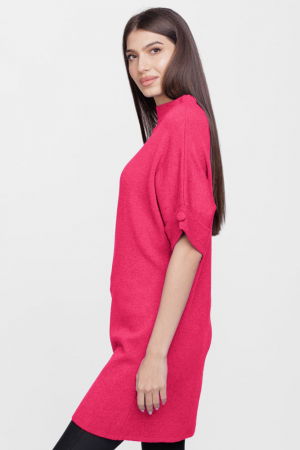 Rochie scurta tricotata, cu maneca scurta si nasture, din vascoza, fucsia [1]