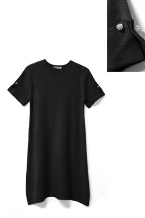 Rochie scurta A-line tricotata, cu maneca scurta si nasture decorativ, neagra [2]