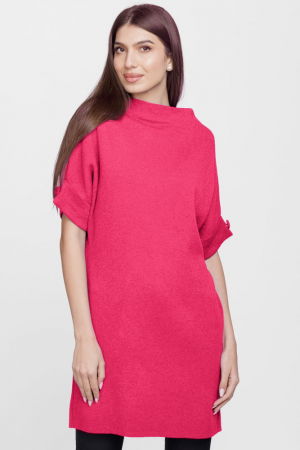 Rochii Casual - Rochie scurta tricotata, cu maneca scurta si nasture, din vascoza, fucsia