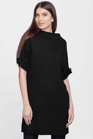 Rochii Casual - Rochie scurta tricotata, cu maneca scurta si nasture, din vascoza, neagra