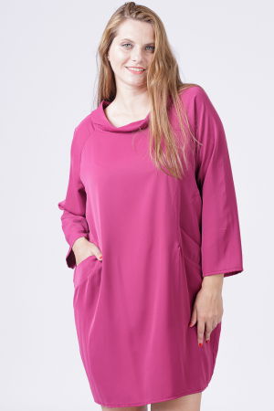 Rochii masuri mari - Rochie scurta mov zmeura cu guler intors si buzunare