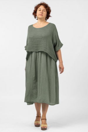 Rochii Casual - Rochie suprapusa cu bluza plasa, din bumbac, kaki